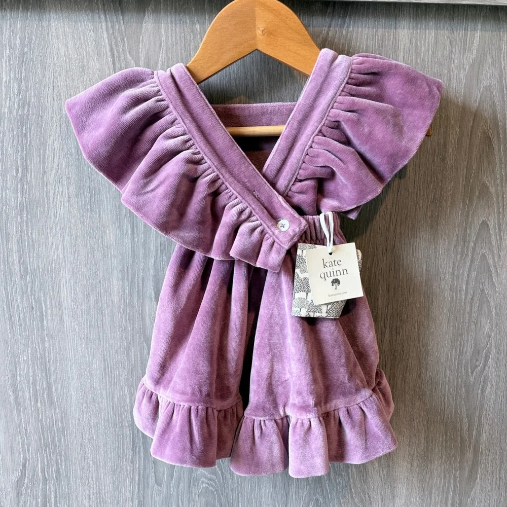 Kate Quinn Pinafore Dress Baby 3-6m Purple Velour Ruffle Flutter Sleeve NWT